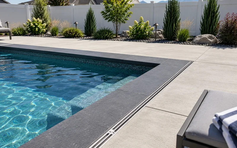 Modern custom swimming pool with dark coping, concrete deck, and landscaped backyard in Utah.