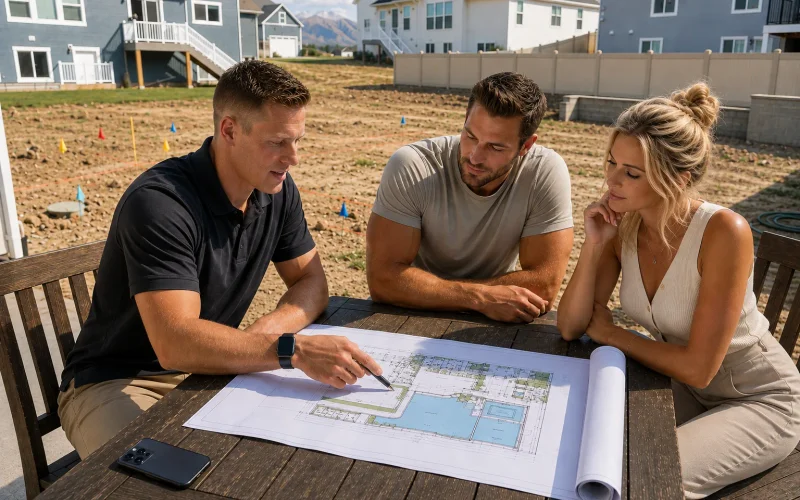 Pool design consultation with homeowners reviewing backyard plans in Salem, Utah