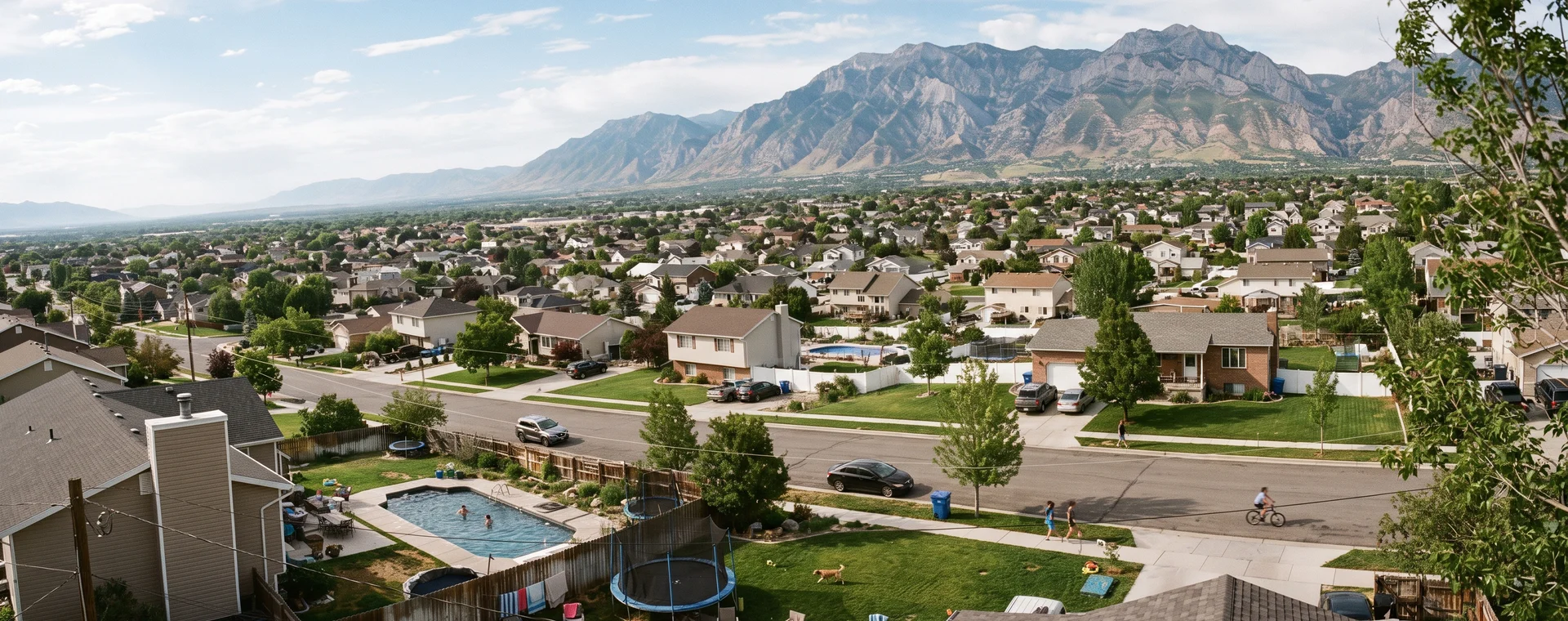 Aerial view across a Utah County neighborhood with the Wasatch range behind
