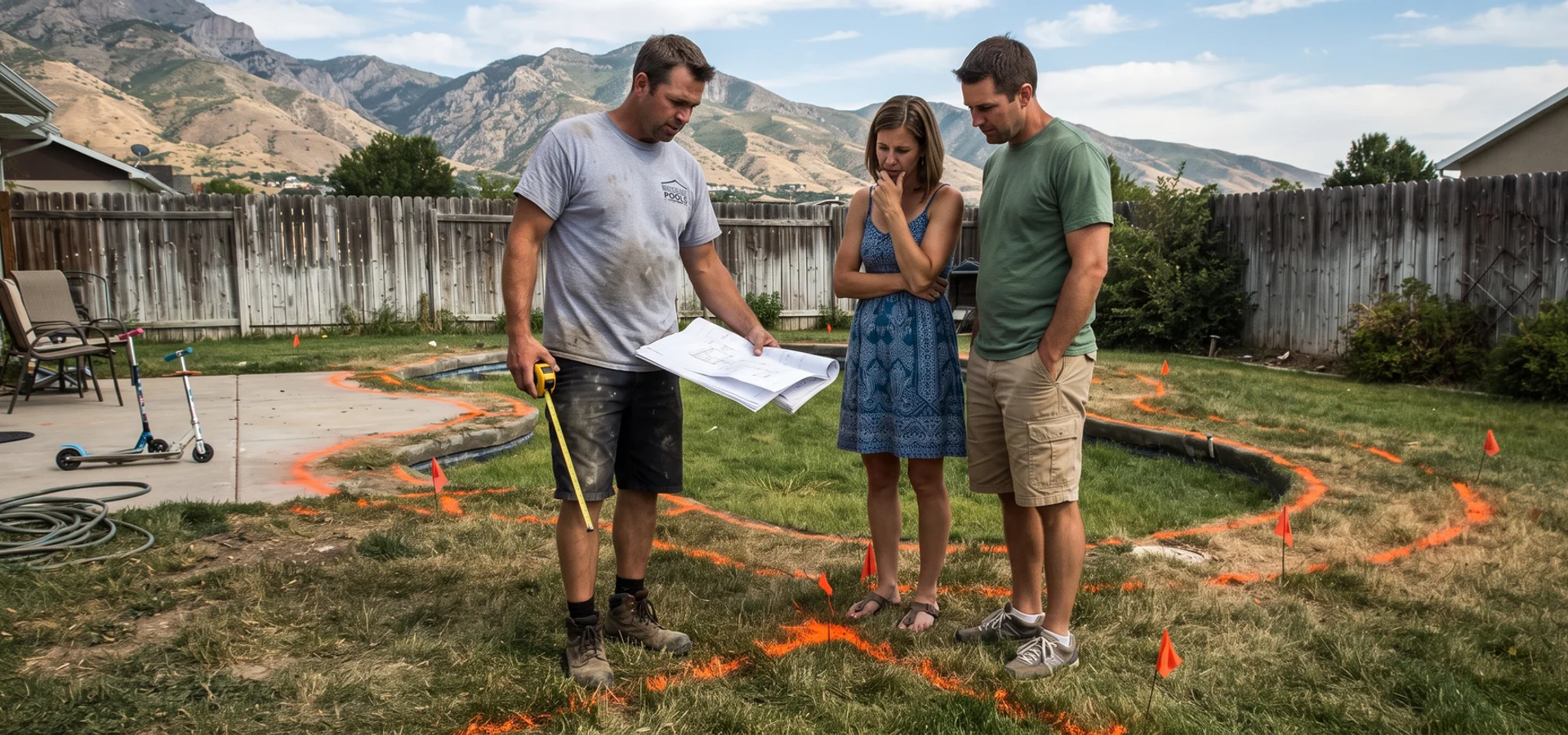 Builder and homeowners reviewing a marked-out pool layout in a Utah backyard