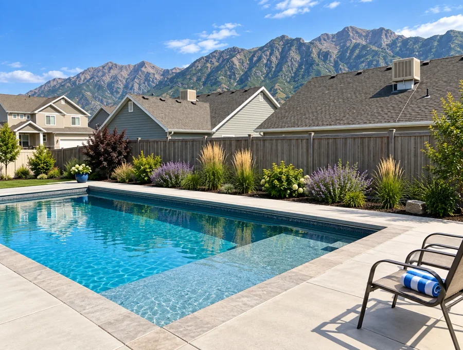 Completed custom gunite pool with tanning ledge and concrete decking in a Lehi backyard