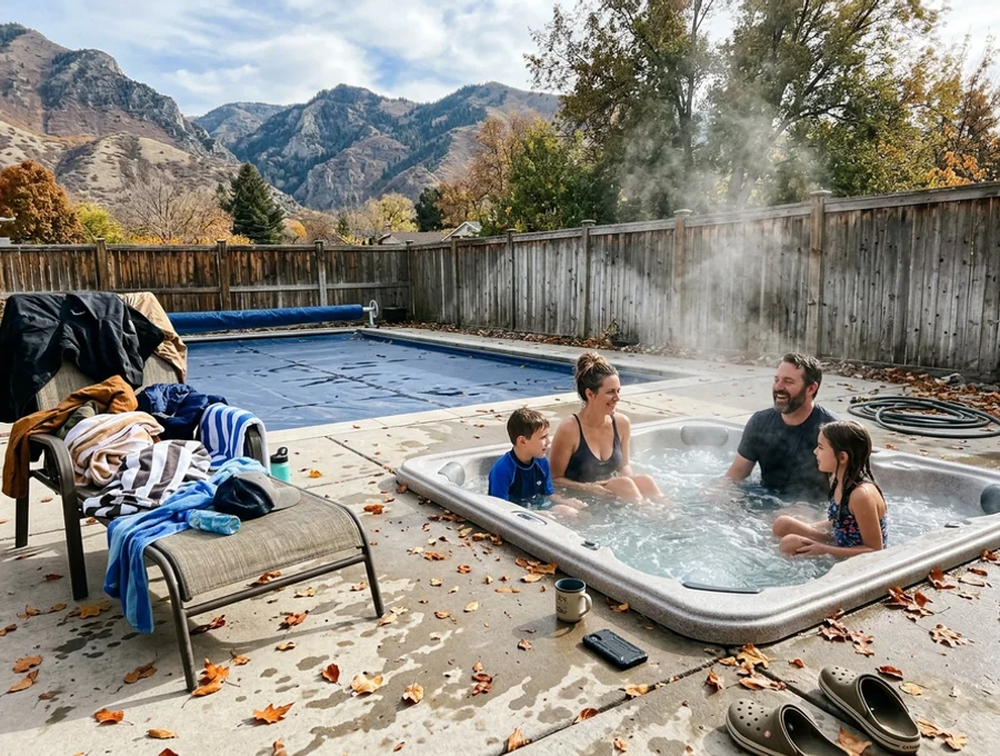Family using a heated spa beside a covered pool in autumn