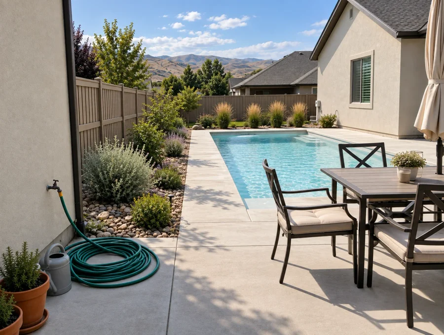 Finished backyard where pool, decking, planting, and drainage were planned together