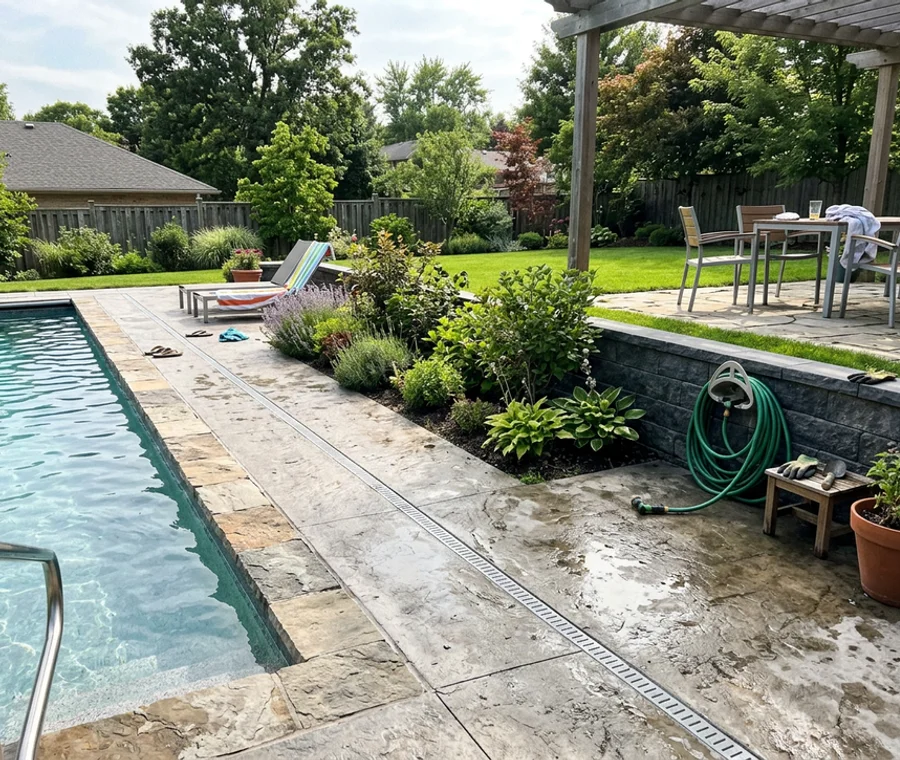 Finished pool deck with coping, drainage, and planting showing full project scope