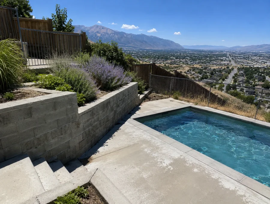 Hillside pool with retaining wall and terraced decking on a sloped Draper lot