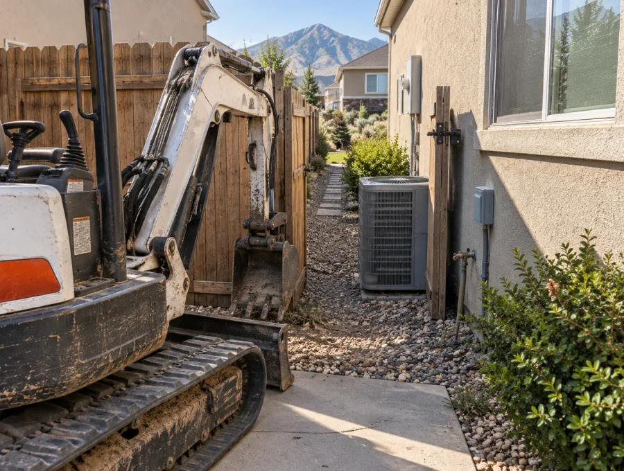 Narrow side-yard gate being measured for excavation equipment clearance