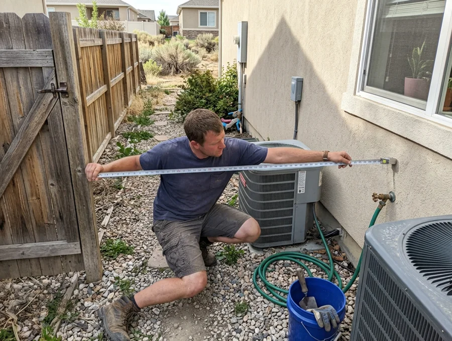 Narrow side-yard gate being measured for excavation equipment clearance