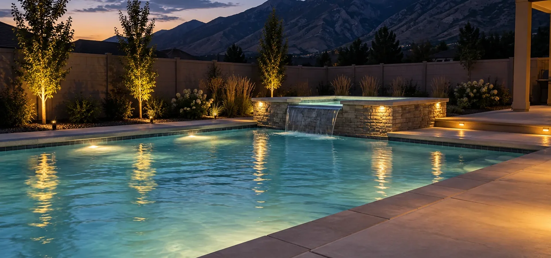 Raised spa with a spillway flowing into a custom pool on a cool Utah evening