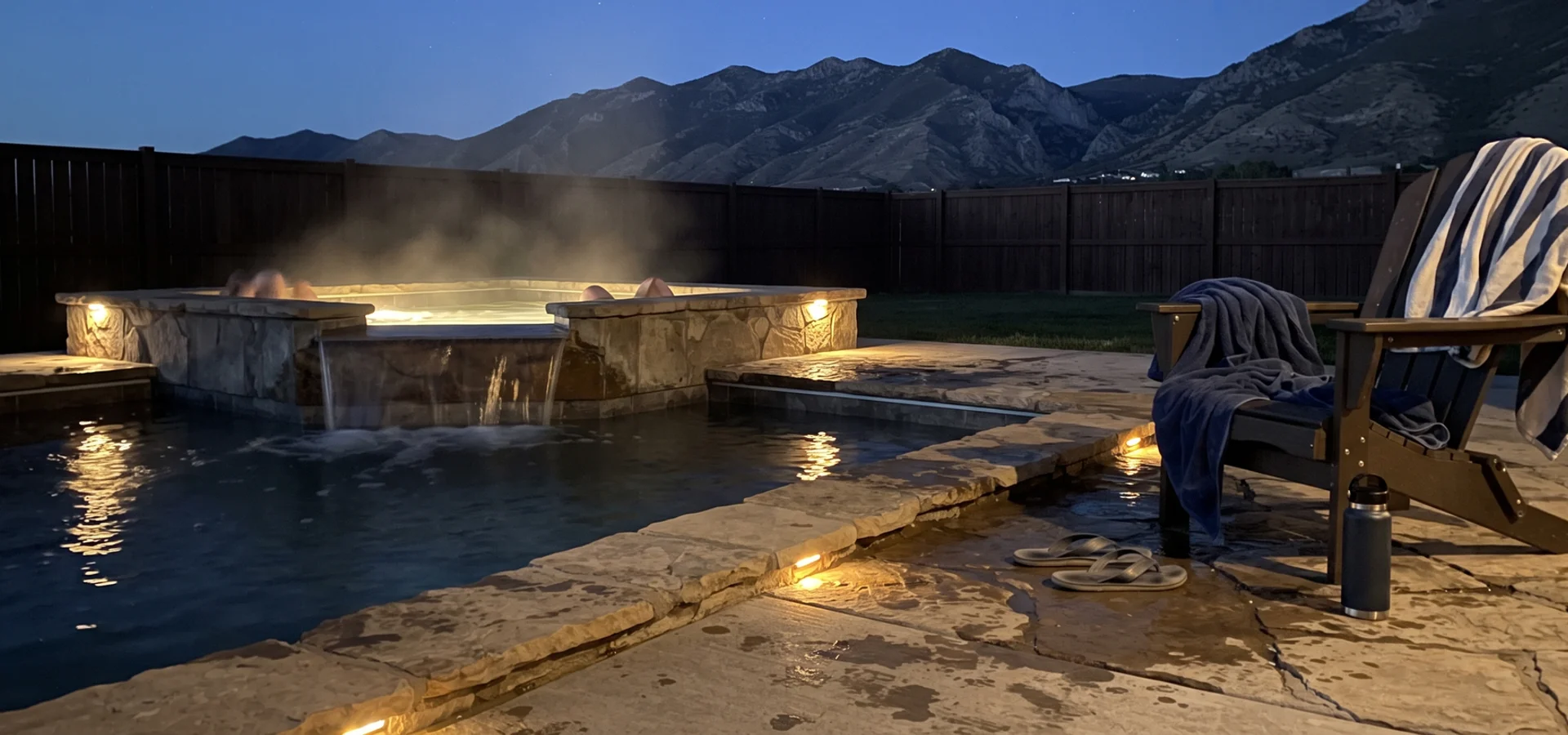 Raised spa with a spillway flowing into a custom pool on a cool Utah evening