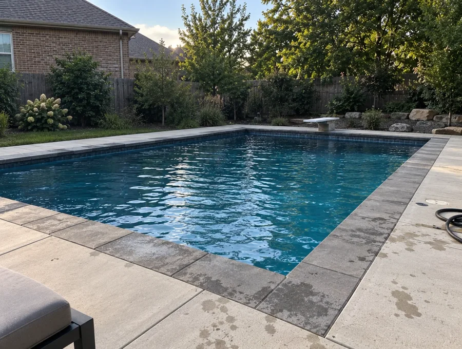 Raised spa spilling into a gunite pool surrounded by stone coping