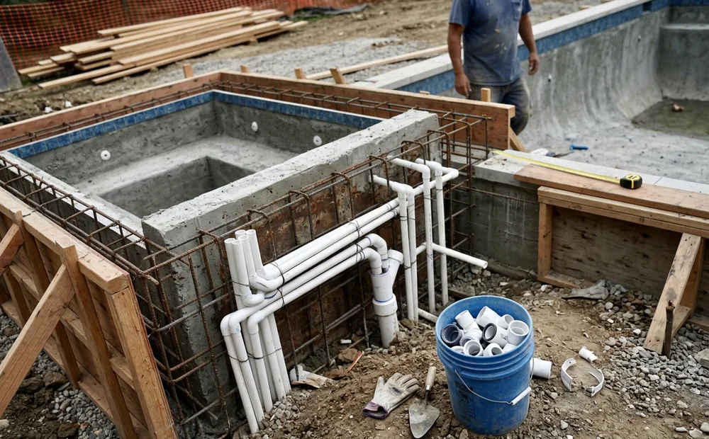 Shared-wall spa under construction showing separate spa plumbing and jet lines