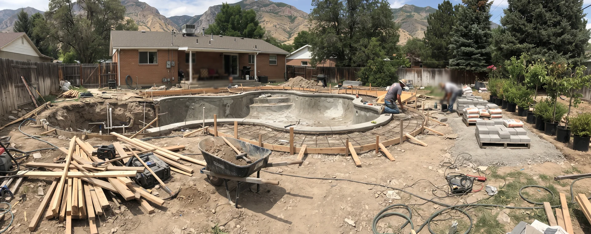 Custom pool under construction with decking forms set in a Utah backyard